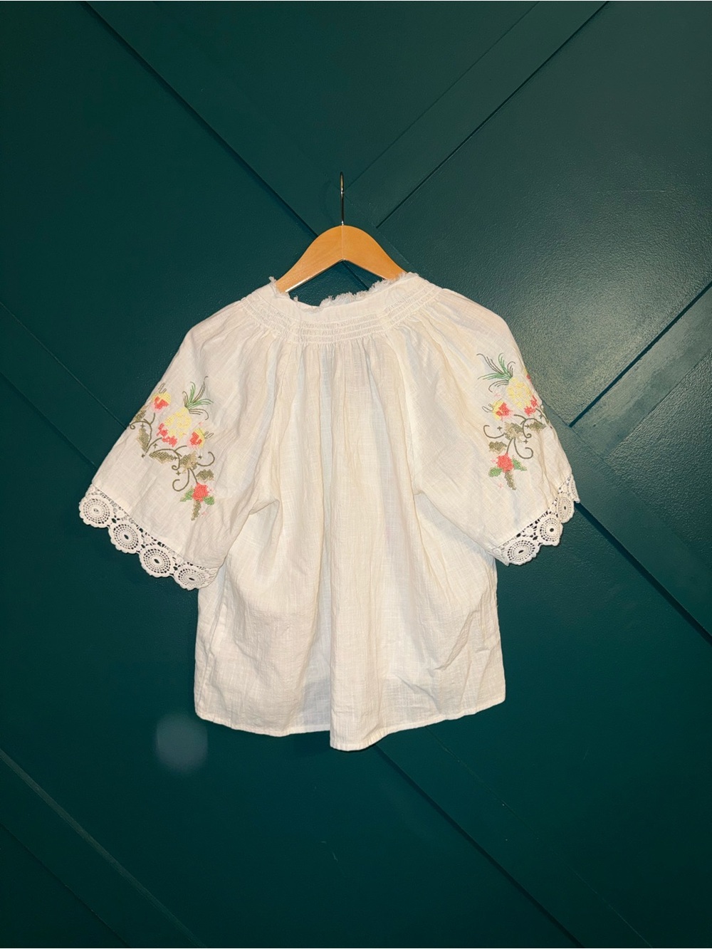 White Embroidered Boho Peasant Top Lace Trim Floral Cottagecore Blouse - Picture 3 of 7